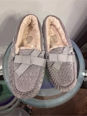 UGG Women’s Light Gray Suede Shearling Moccasins with Bow